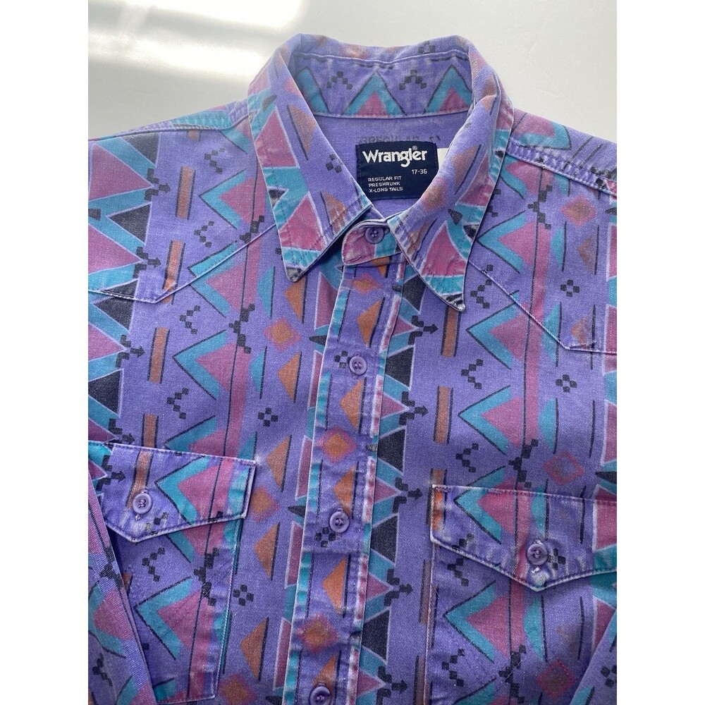 Wrangler BrushPopper Mens Shirt 17 x 36 VTG Purple Stripe Cowboy Ranch Western - Picture 6 of 7